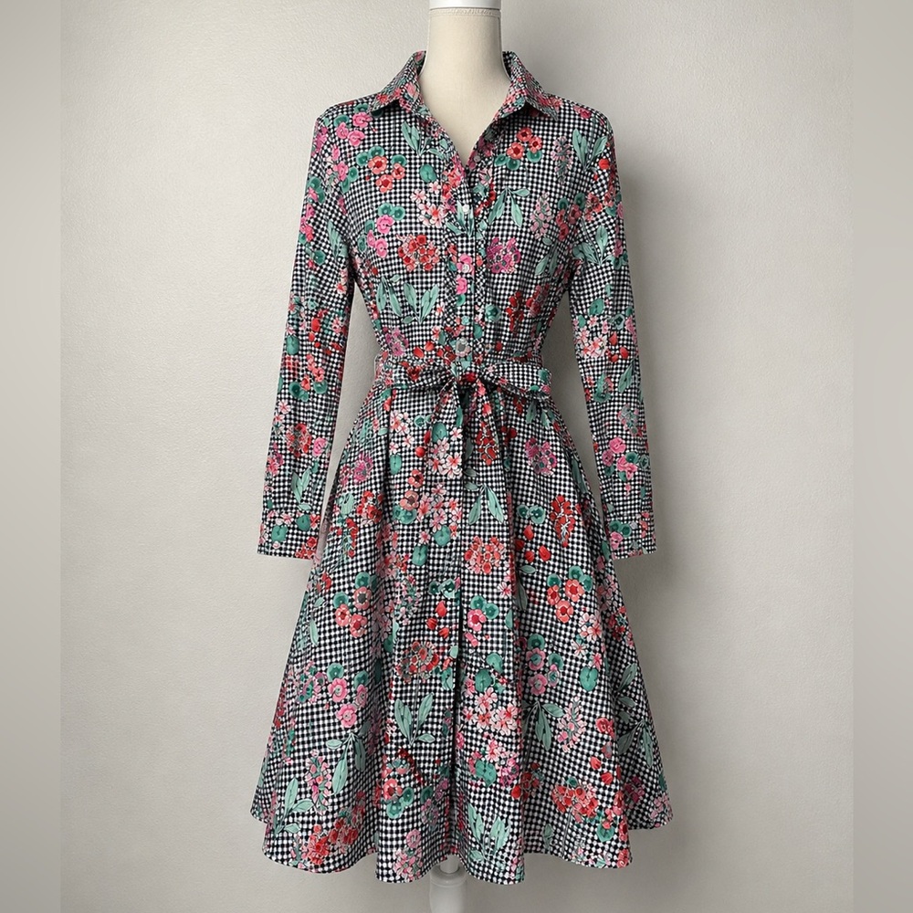 Tommy Hilfiger Floral Gingham Shirt Dress Belted Full Skirt Pockets NWT 14